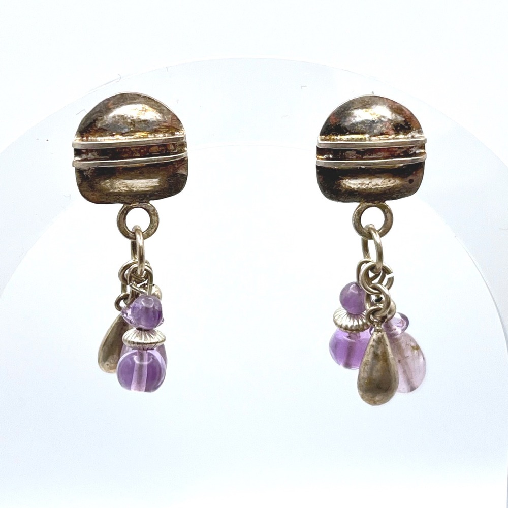 Vintage Sterling Silver Amethyst Brutalist Cluster Drop Earrings Purple Stone